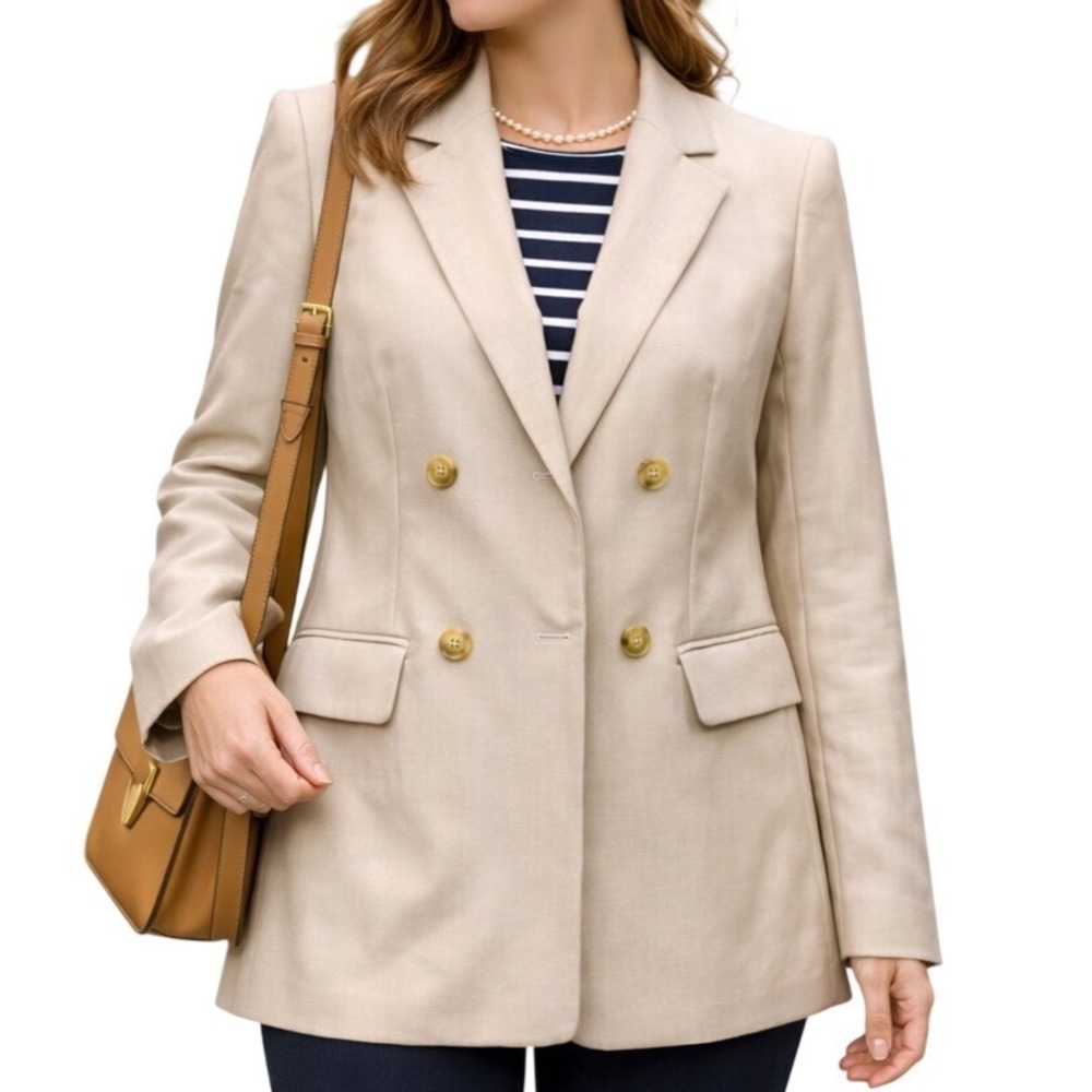 Talbots Petite Double Breasted Preppy Blazer Jacket Sz 2P Beige Long Sleeve Work
